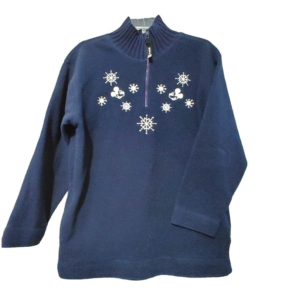 Disney Mickey Mouse Christmas Snowflake Quarter Zip Fleece Sweater Blue Womens S